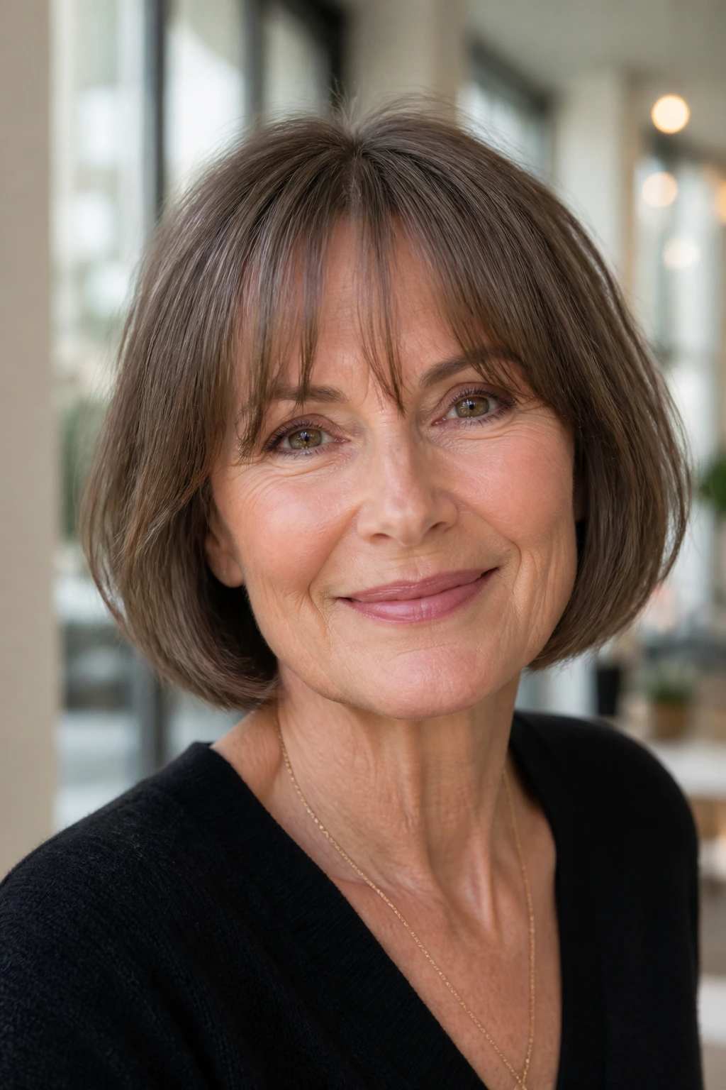 Portrait of a woman with bottleneck bangs and a short bob in bright daylight.