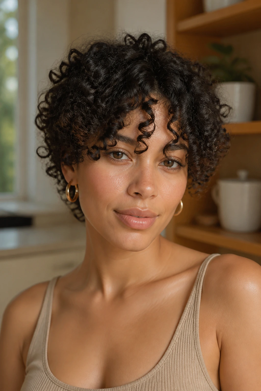 Close-up portrait of a real woman with short curly cut and bottleneck bangs in a sunlit kitchen