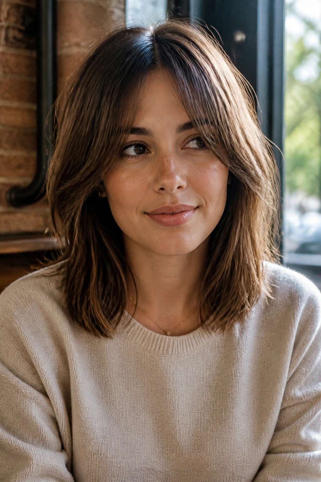 Close-up of a woman with bottleneck bangs and shoulder-length layers framing her face under natural light.