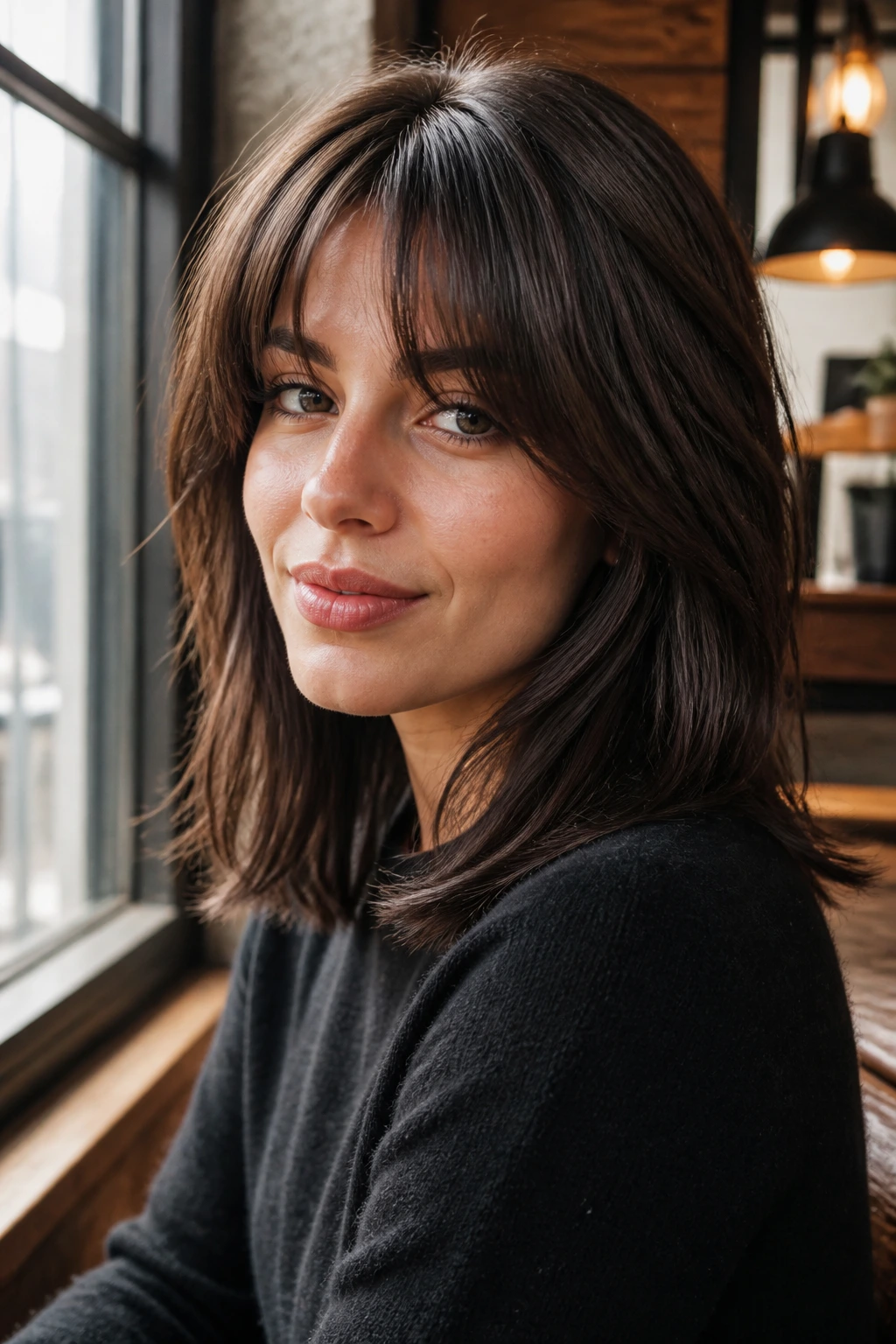 Portrait of a real woman with bottleneck bangs and shoulder-length thick hair