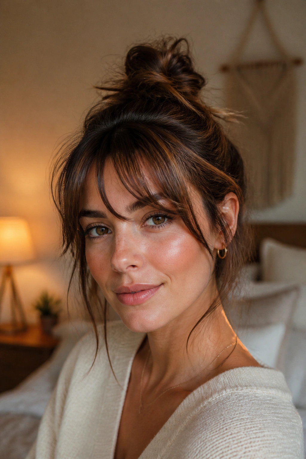 Close-up of a real woman with bottleneck bangs and a tousled top knot