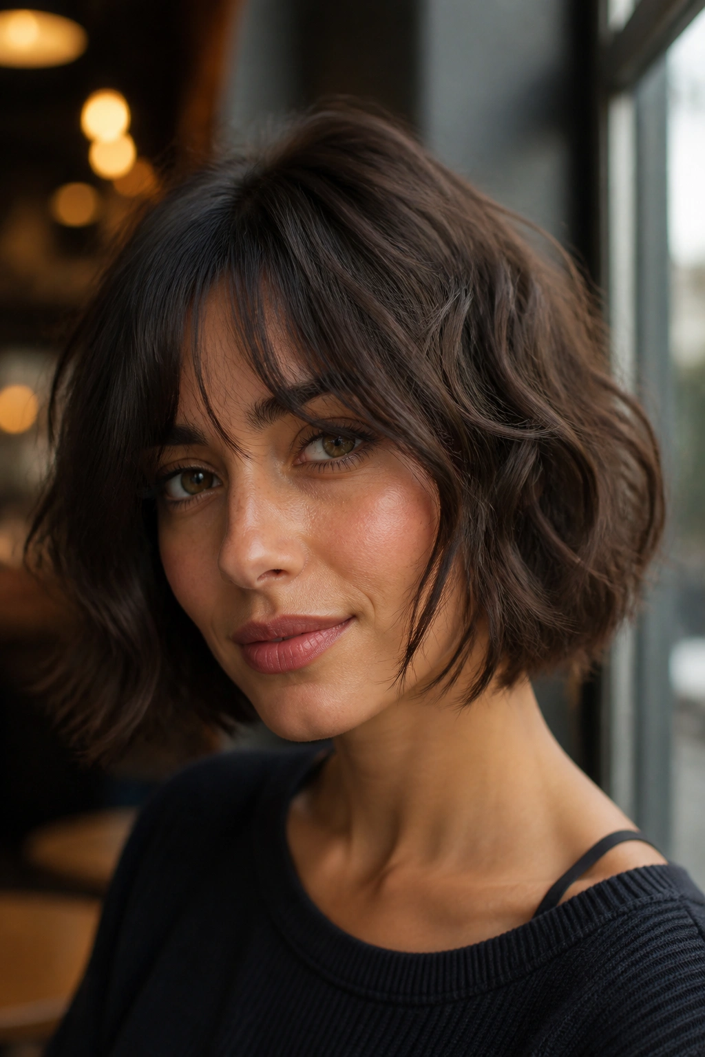 Portrait of a real woman with bottleneck bangs and wavy bob