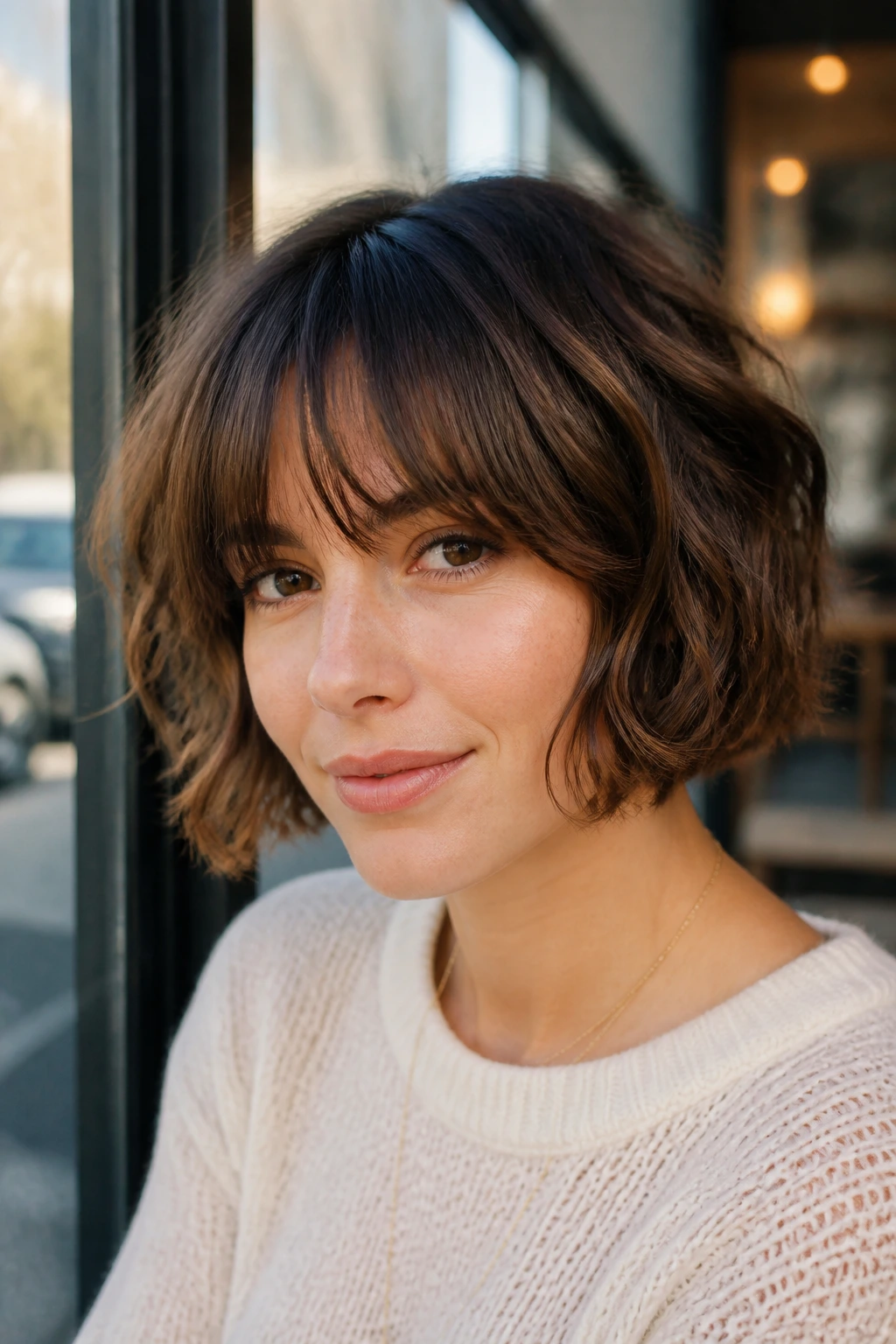 Portrait of a real person with bottleneck bangs and wavy bob in soft morning light