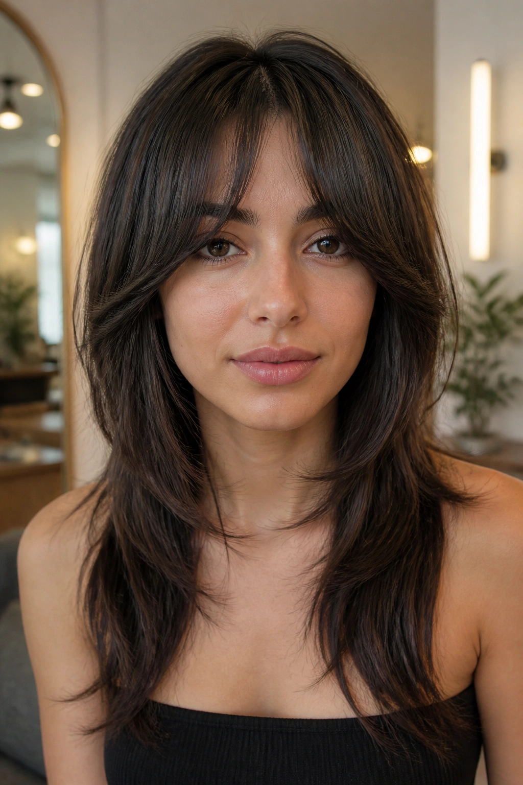 Close-up portrait of a real woman with bottleneck bangs in a wolf cut.