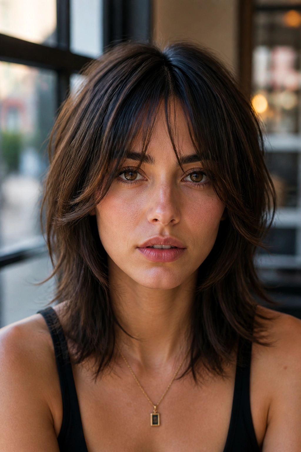 Real woman with bottleneck bangs complementing a wolf cut in soft light