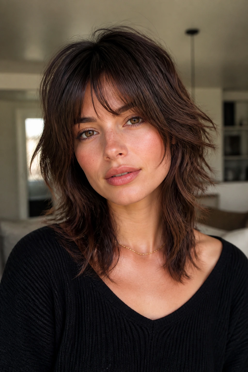 Close-up portrait of a real woman with bottleneck bangs and a tousled wolf cut in natural window light
