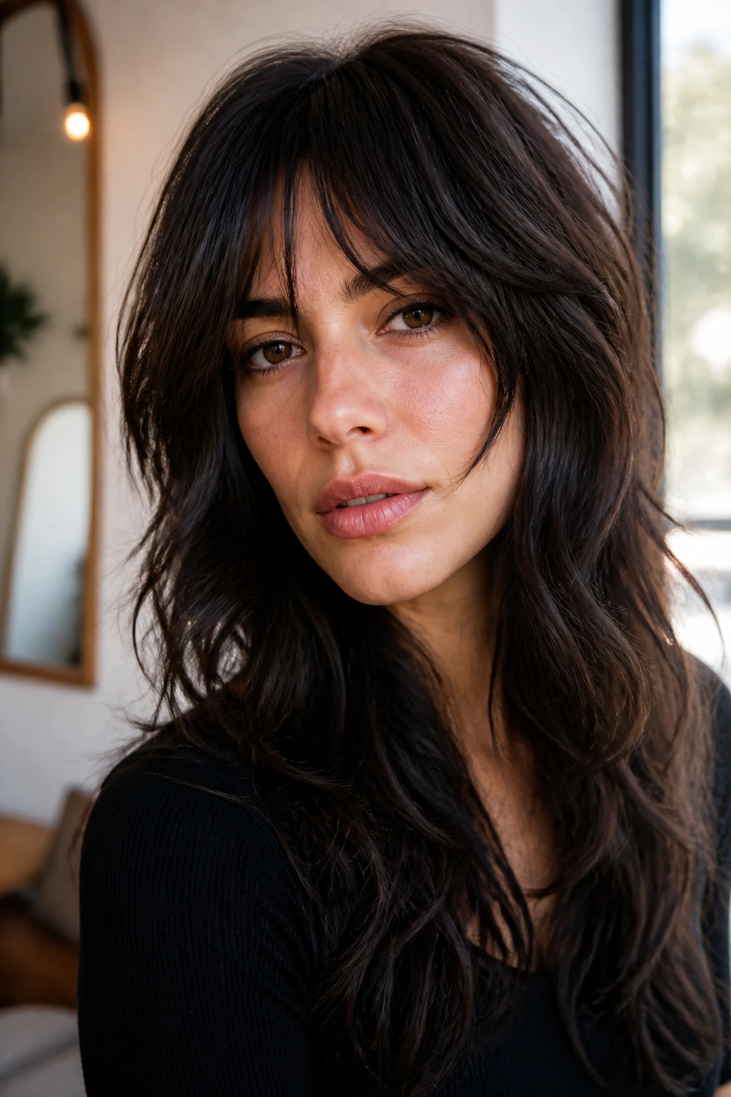 Close-up of real woman with bottleneck bangs and wolf cut