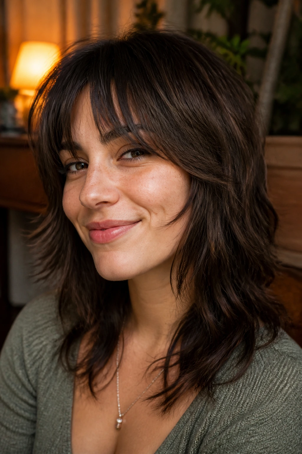 Real person with bottleneck bangs blending into wolf cut, warm lamp-lit interior