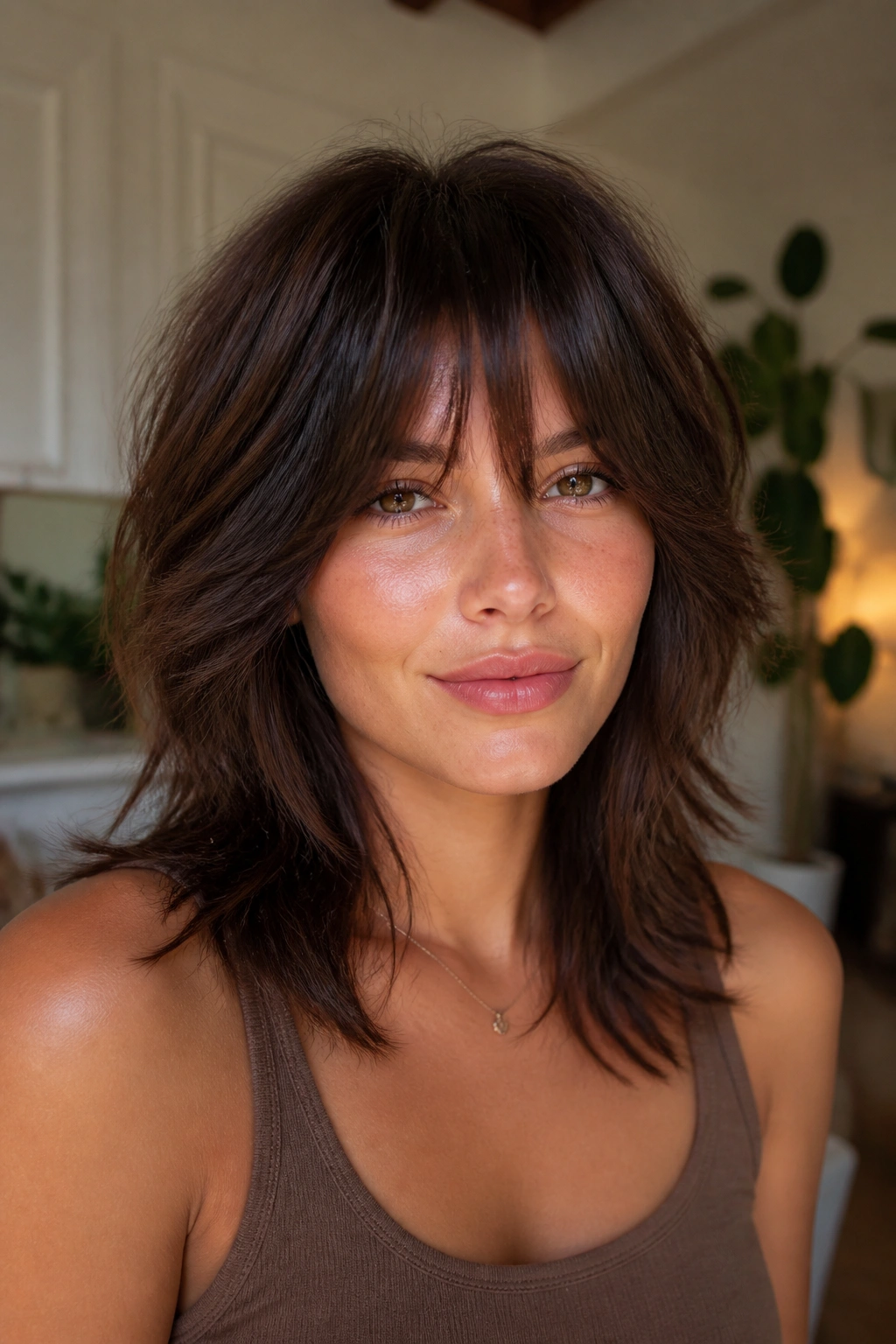 Close-up portrait of a real person with bottleneck bangs wolf cut
