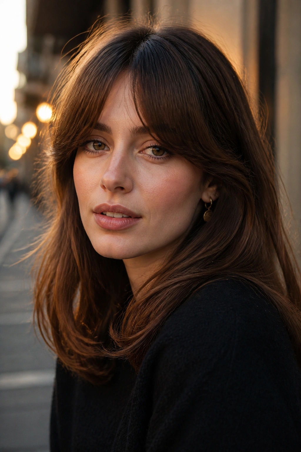 Close-up of a woman with bottleneck Bardot bangs narrow center and wide sides.