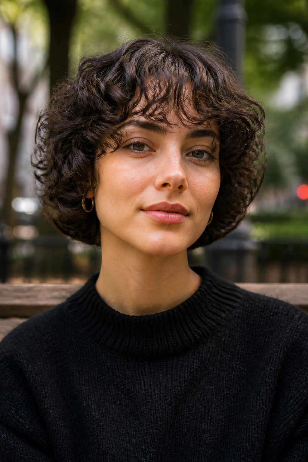 Close-up of a woman with bottleneck curly bangs in an outdoor park setting