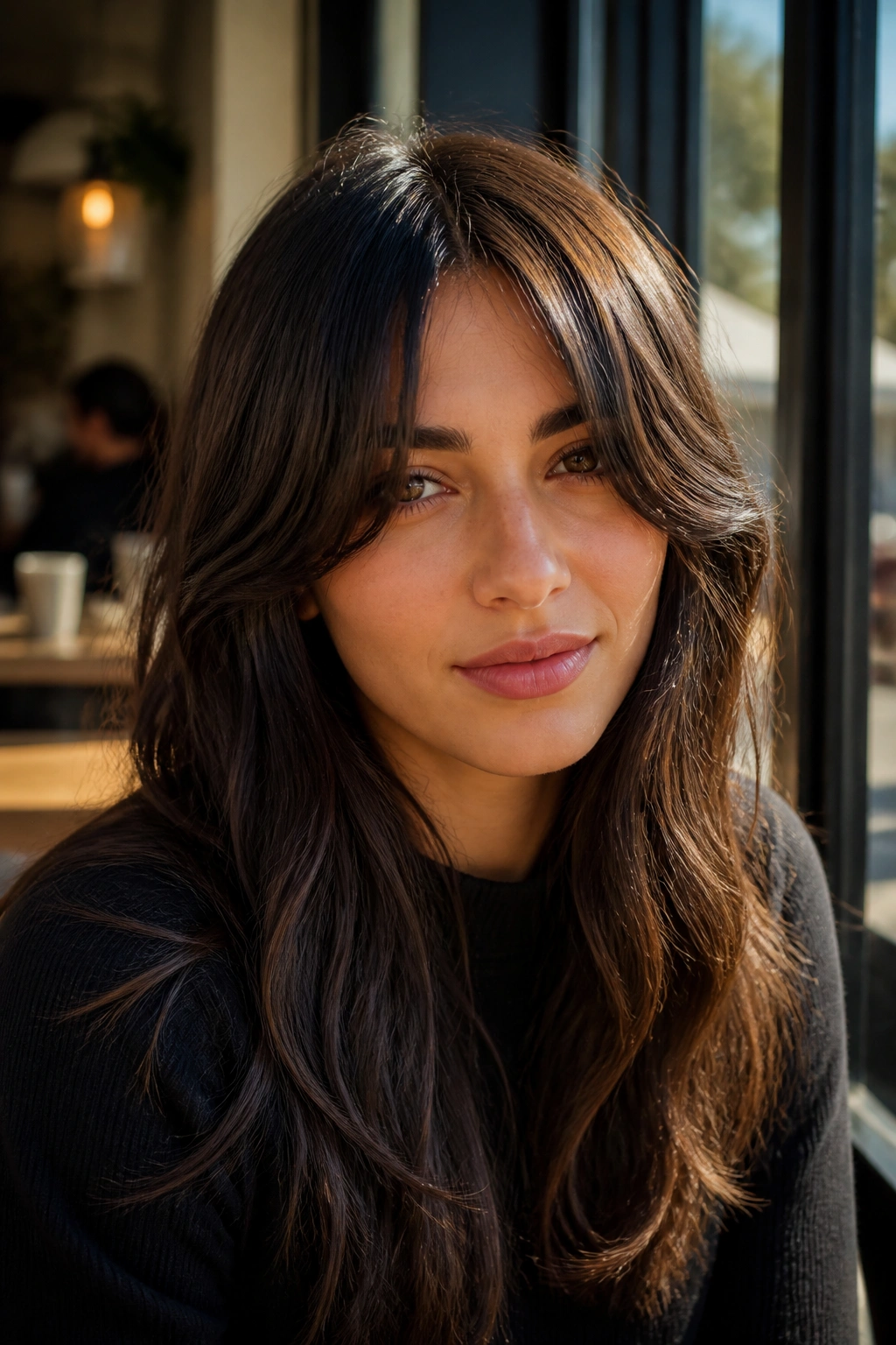 Close-up of a woman wearing bottleneck curtain bangs with a slim center