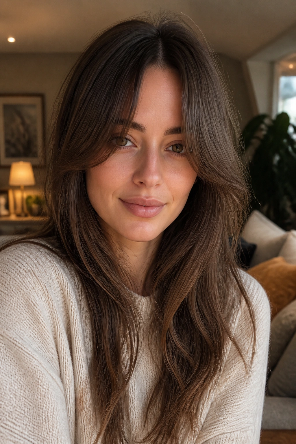 Close-up portrait of a real woman with bottleneck curtain bangs in a cozy living room