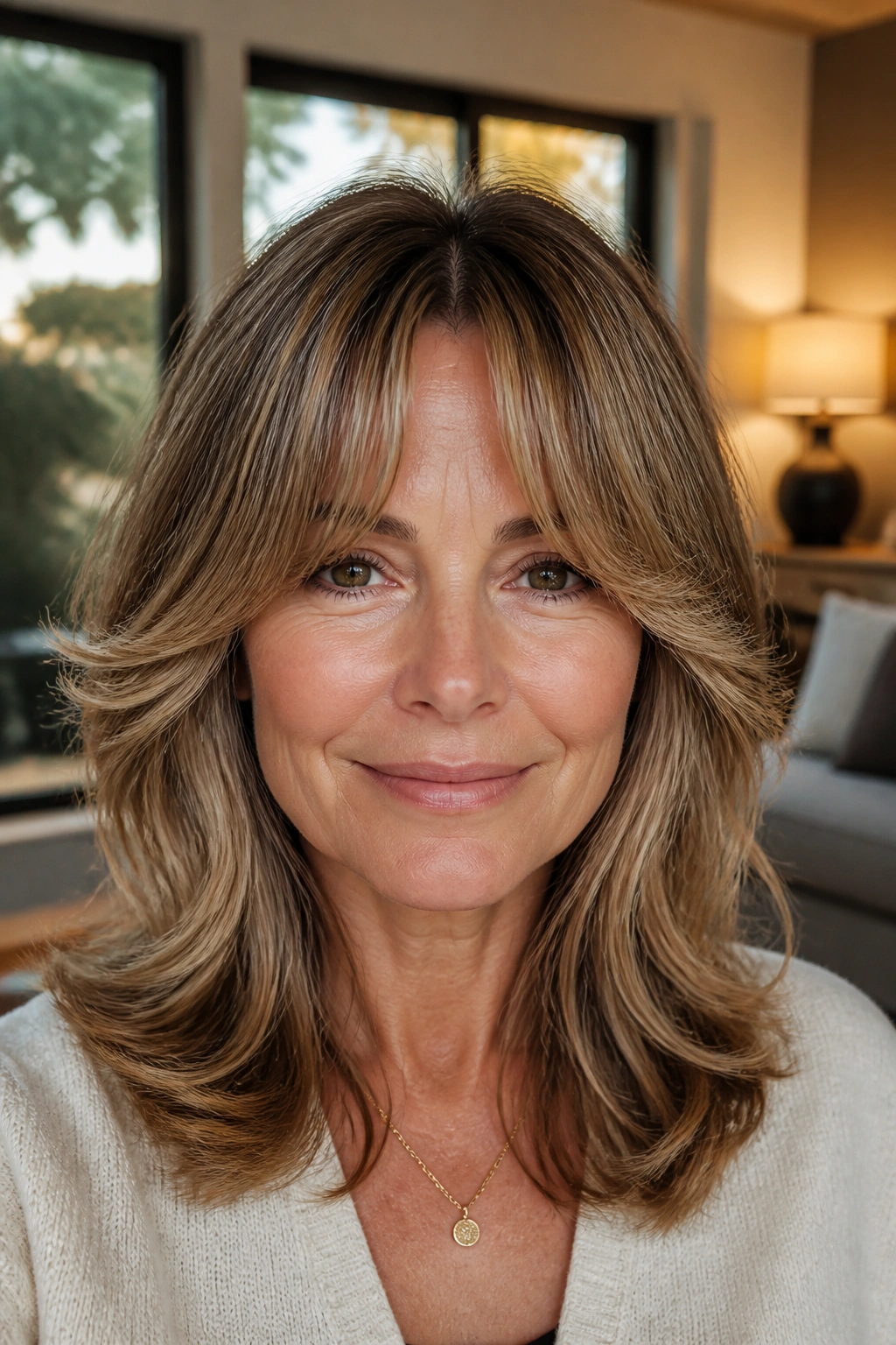 Close-up portrait of a real woman with bottleneck curtain bangs and a soft center in warm indoor light