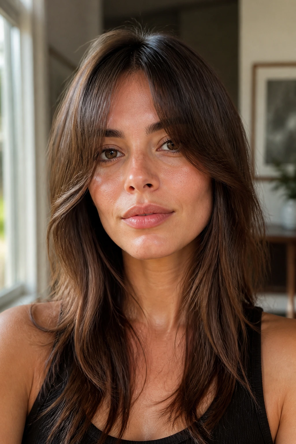 Close-up portrait of a real woman with bottleneck fringe.