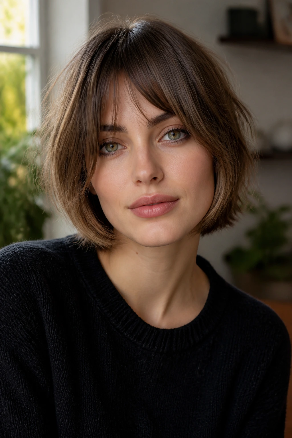 Close-up portrait of a real woman with bottleneck fringe mid-face height