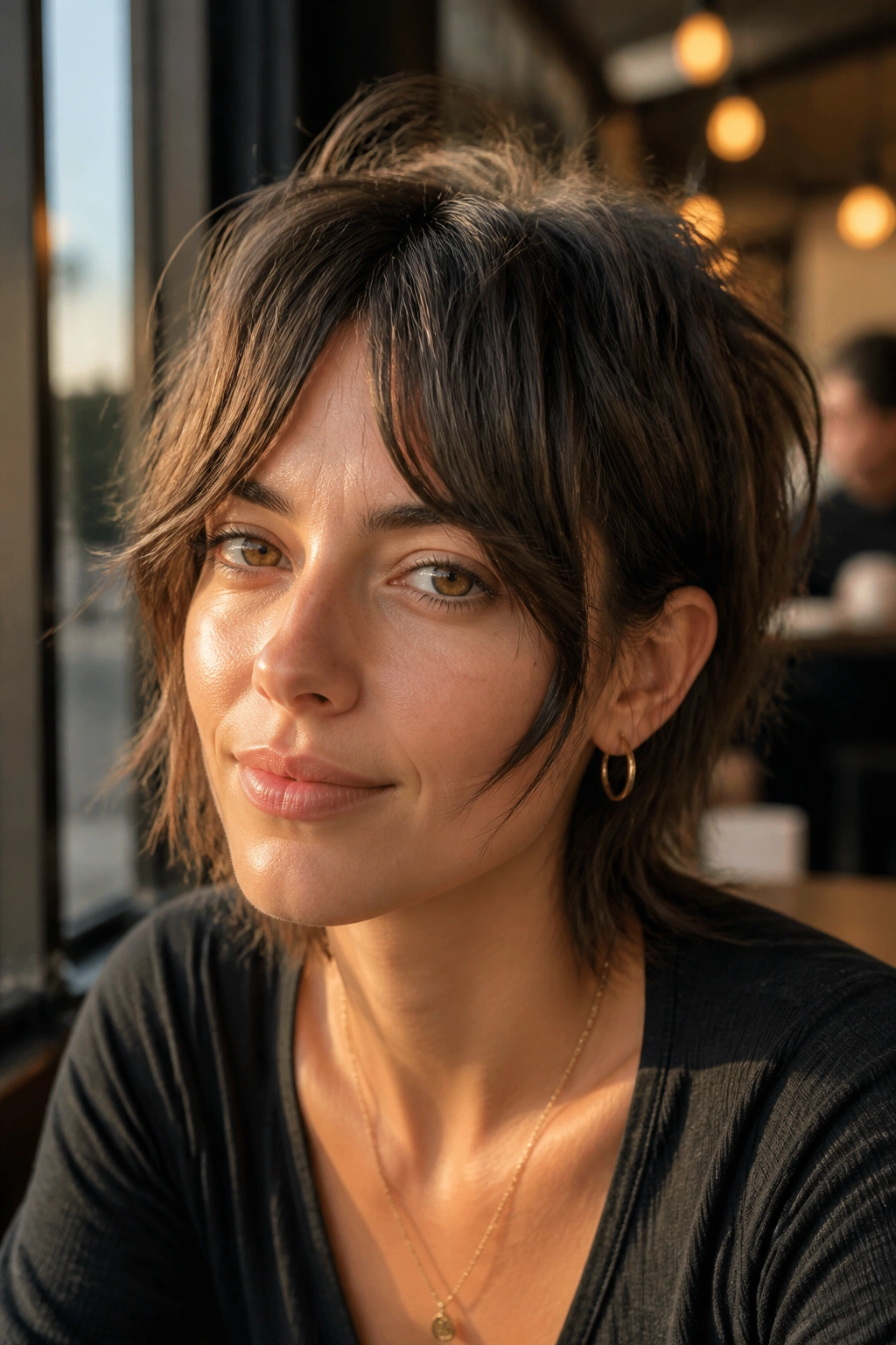 Portrait of a real woman with bottleneck fringe shag framing the face.