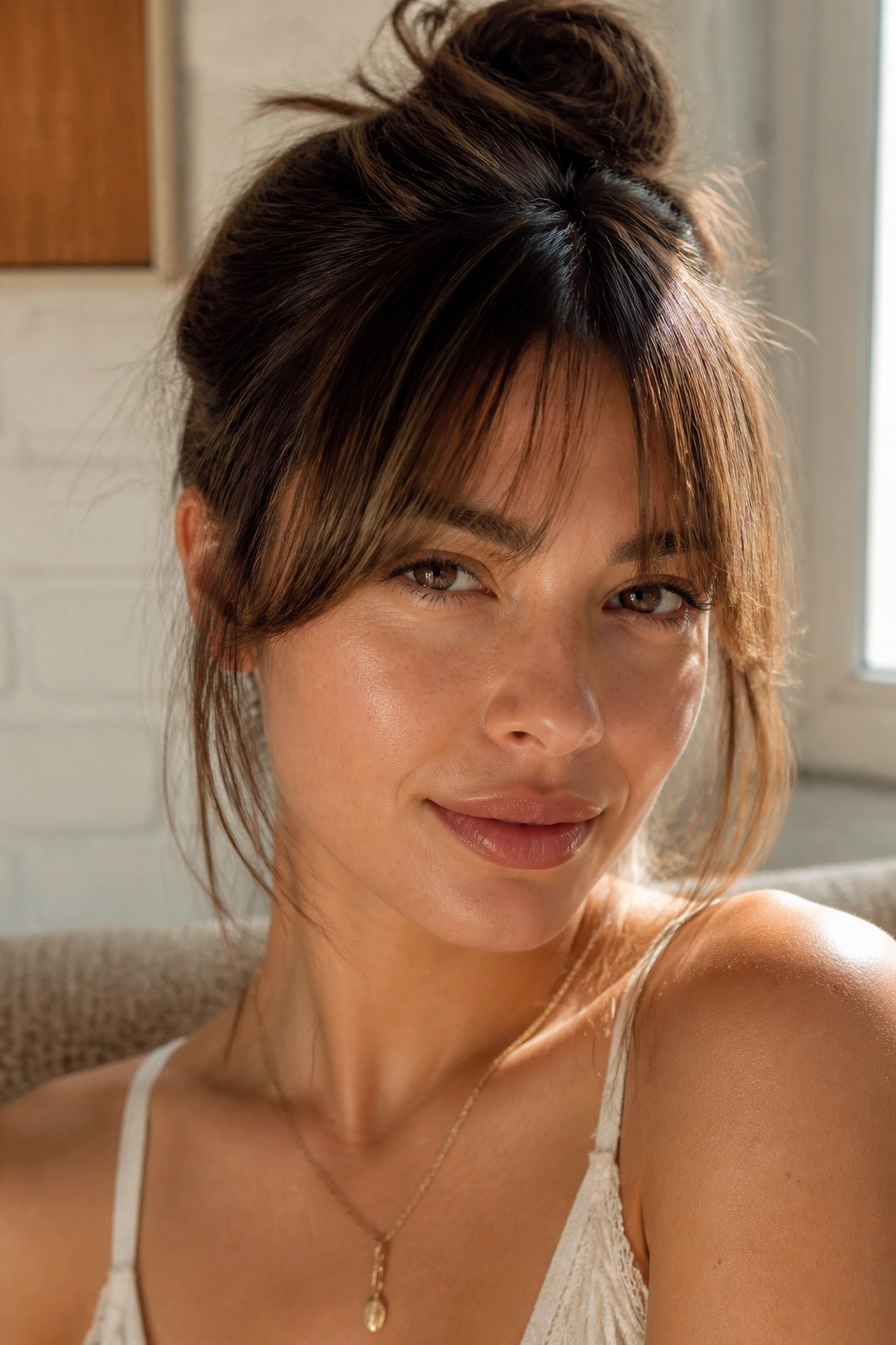 Close-up portrait of a real person with bottleneck wispy bangs narrowing at center and widening toward cheeks in warm sunlit room