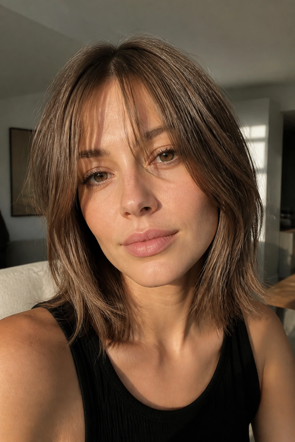 Close-up portrait of bottleneck wispy bangs with center short pieces
