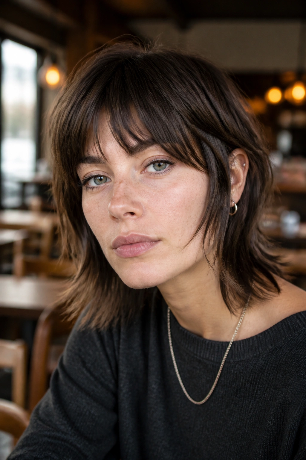 Close-up portrait of bottleneck bang wolf bob on a real person with center-short bangs