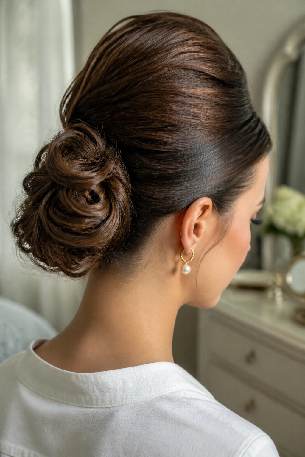 Real person with bouffant bun and sleek sides in soft natural light