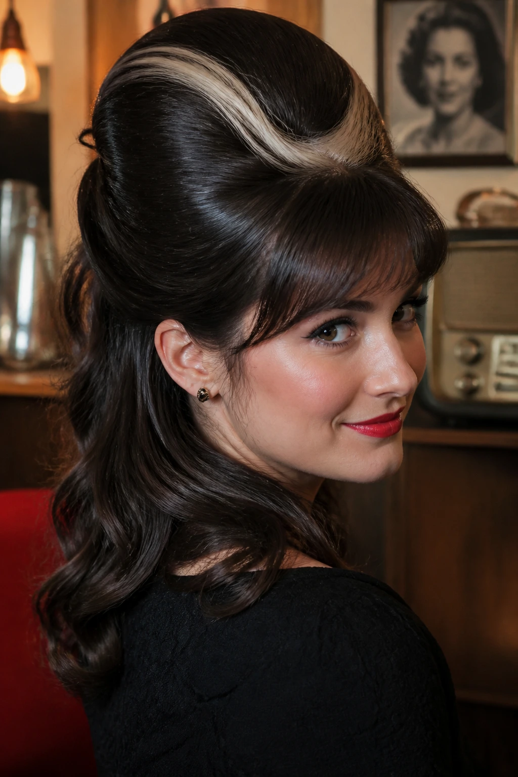 Real woman with retro half-up bouffant and stripe outlined tease on dark brown hair