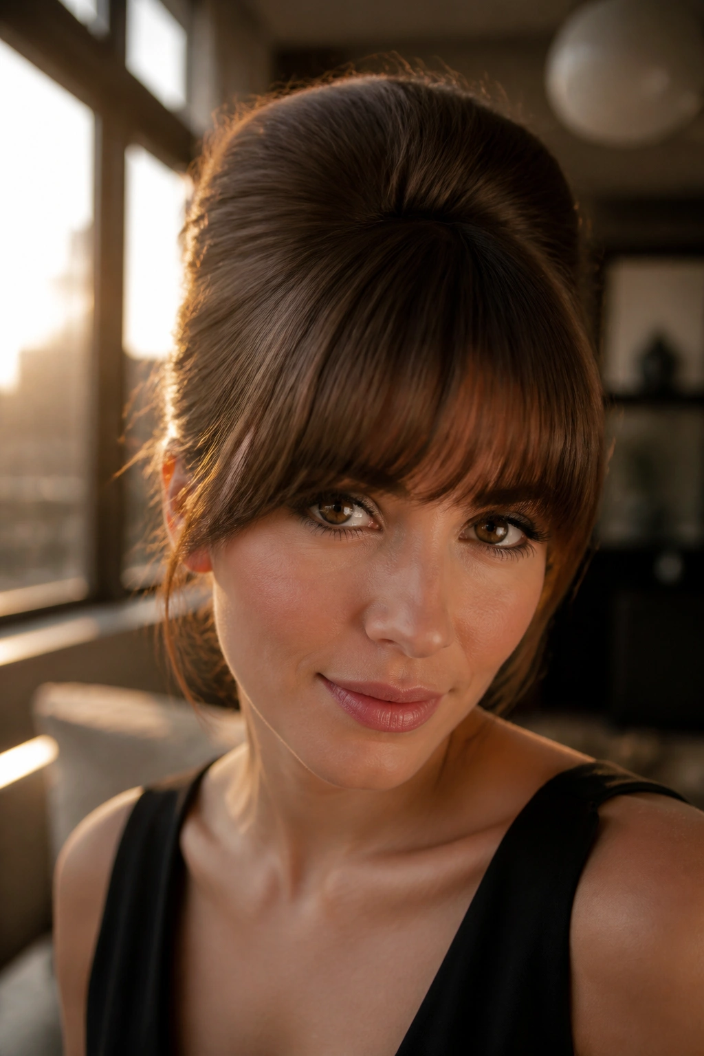 Close-up of bouffant updo with full fringe on a real woman