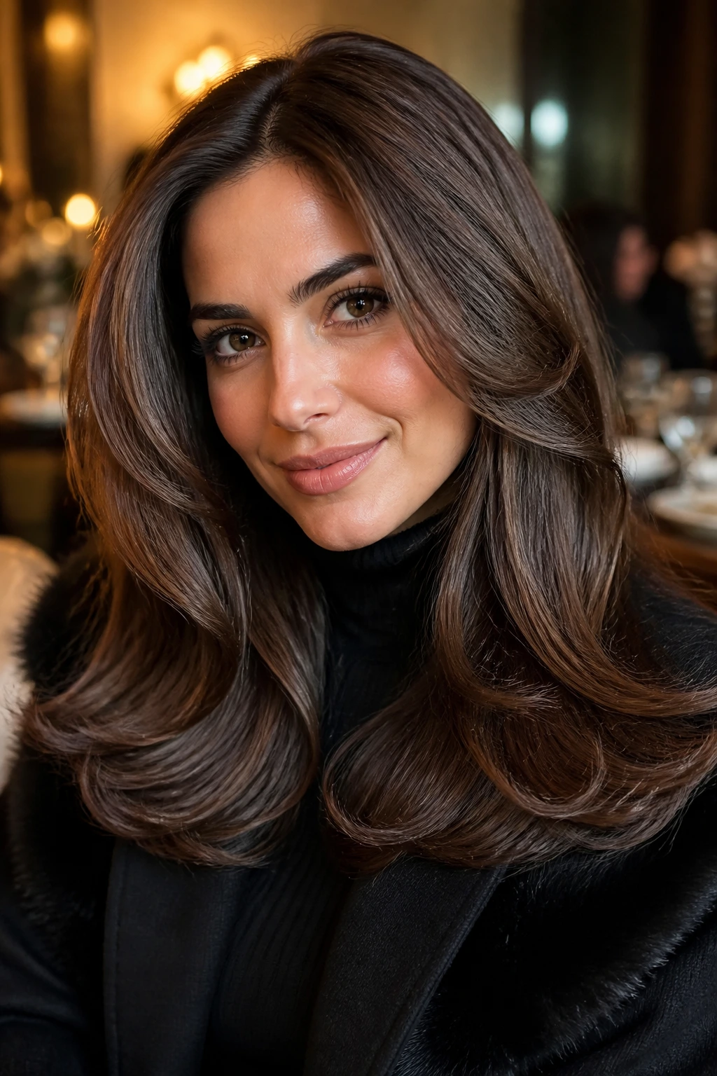 Close-up of a real woman with a voluminous bouncy blowout and bent ends in a warm winter dinner setting.