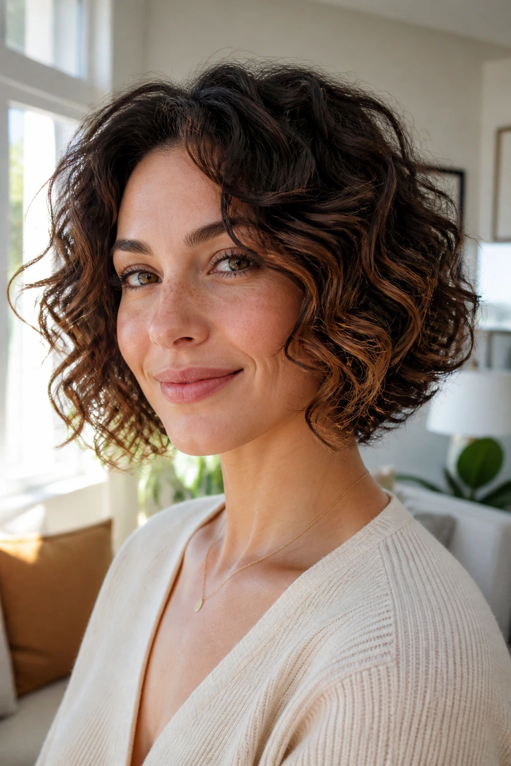 Close-up of a real woman with a bouncy bob and soft curls.