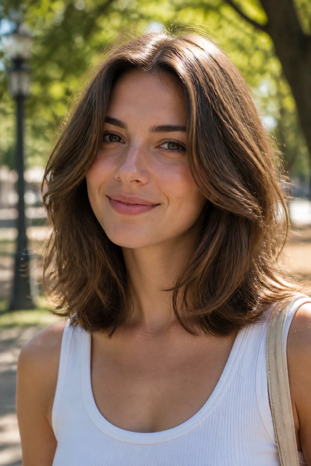 Close-up of a real woman with bouncy shoulder-length layers in thick hair, outdoors in sunlight.