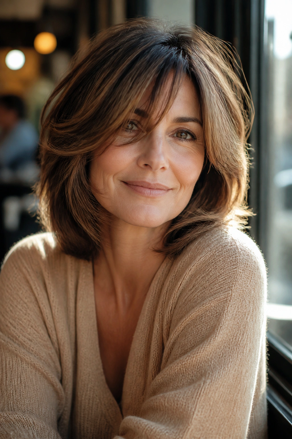 Close-up of a real woman with Bouncy Shoulder-Length Layers showing lift and movement.