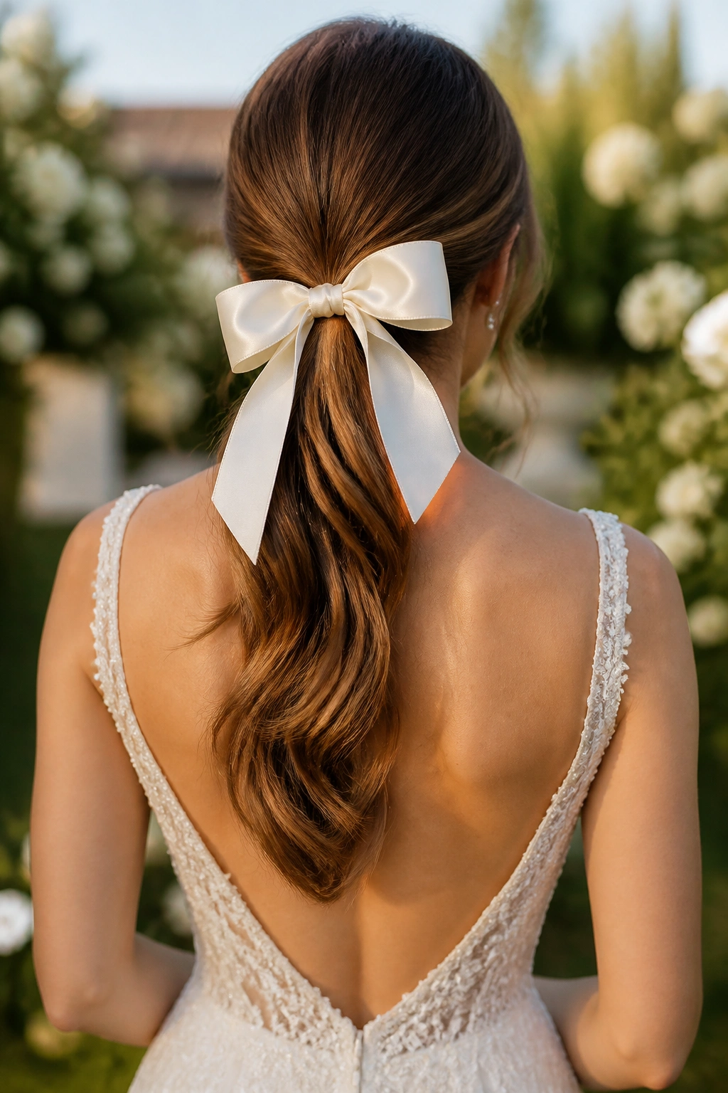 Back view of bride with bow-back ponytail.