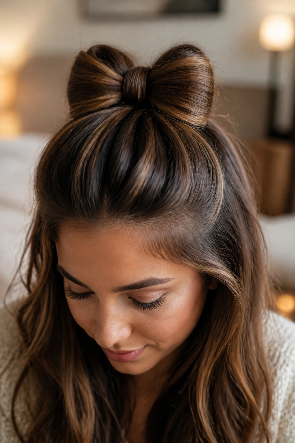 Close-up portrait of a real woman wearing a half-up bow hairstyle