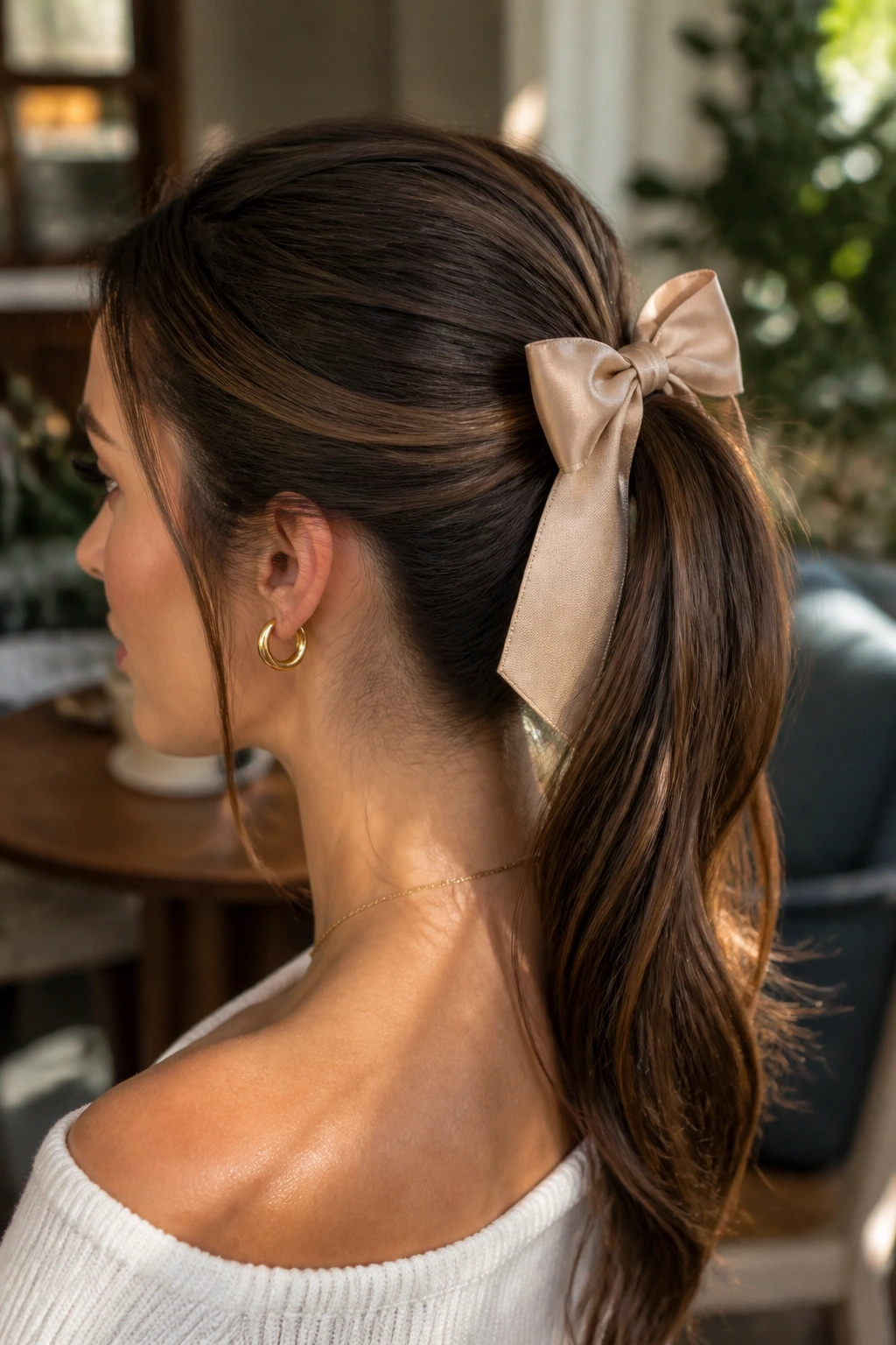 Close-up of a woman with a bow-tied ponytail in a bright setting
