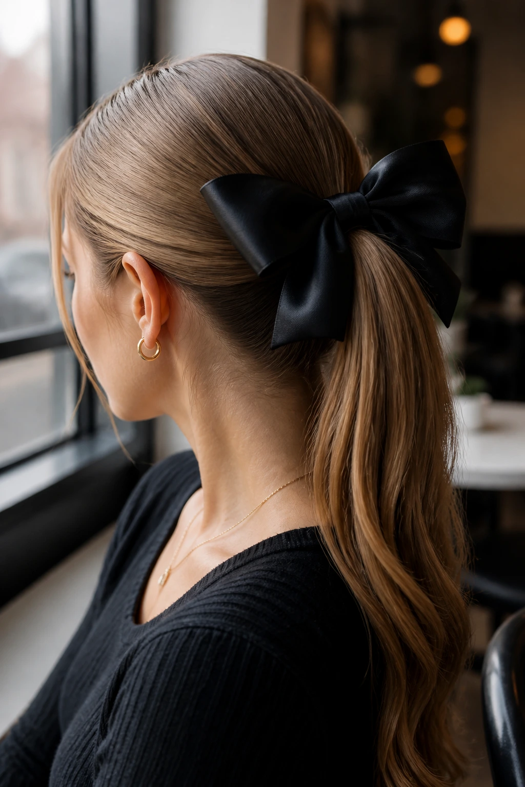 Portrait of a real woman with a statement bow ponytail and sleek straight hair