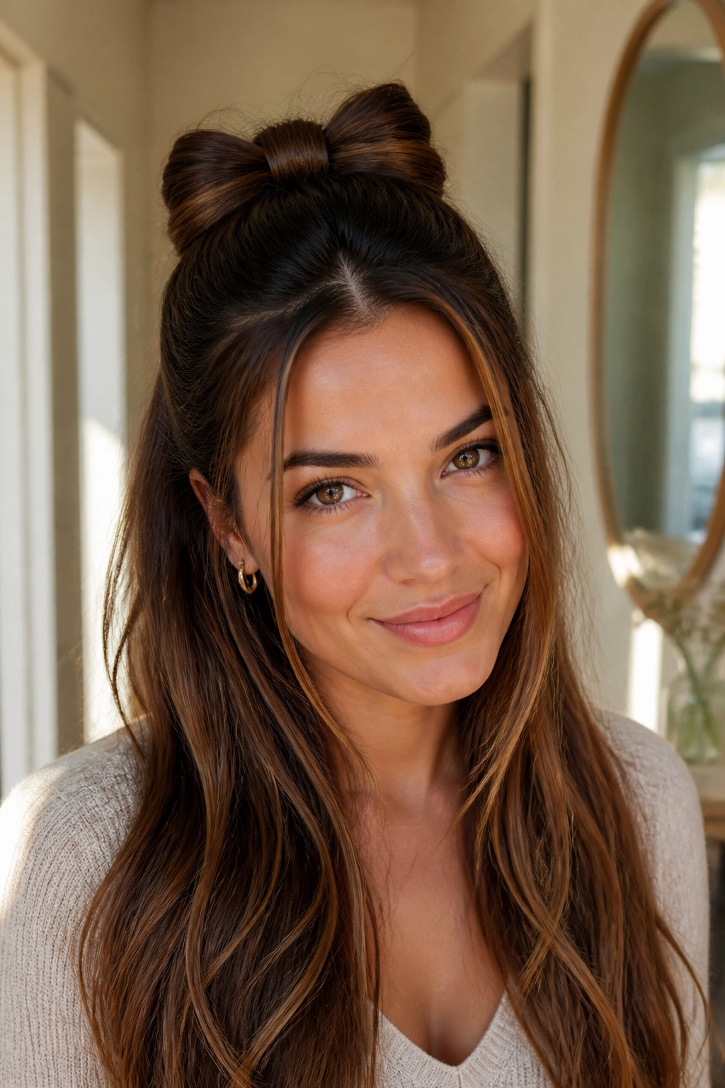 Close-up of a real woman displaying a bow-tied half updo with a hair-formed bow