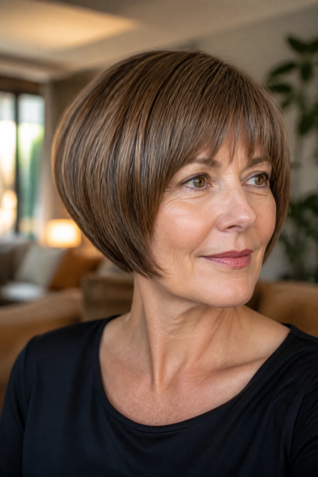 Close-up portrait of a real woman with a rounded bowl bob hairstyle in warm window light