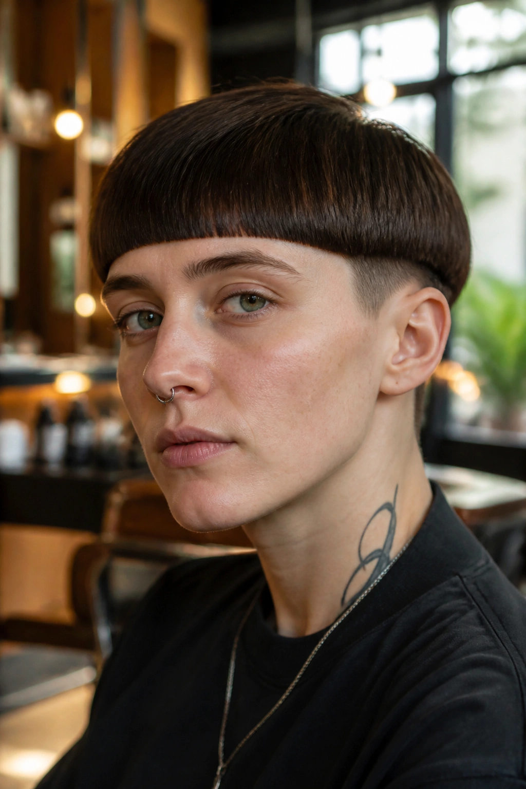 Close-up portrait of a real person with a crisp modern bowl cut and blunt fringe in a salon setting