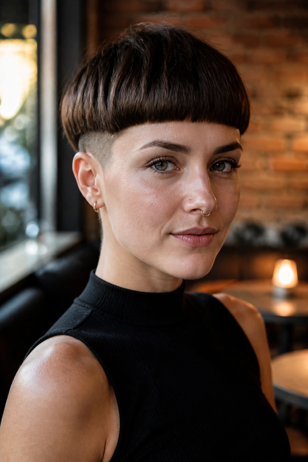 Close-up portrait of a real woman with a crisp blunt bowl cut and subtle undercut.