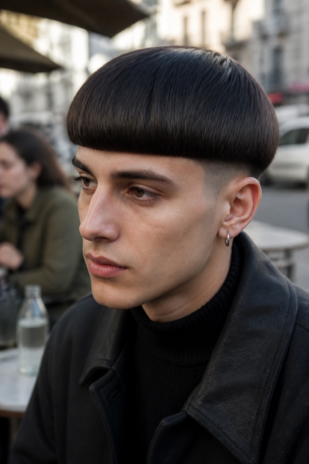 Medium close-up of a real person with a sharp-edged bowl cut in soft afternoon light