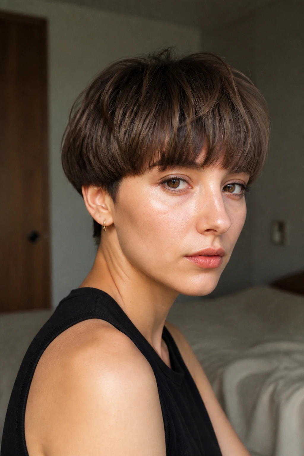 Close-up portrait of a real person with a bowl cut featuring soft texture and irregular fringe