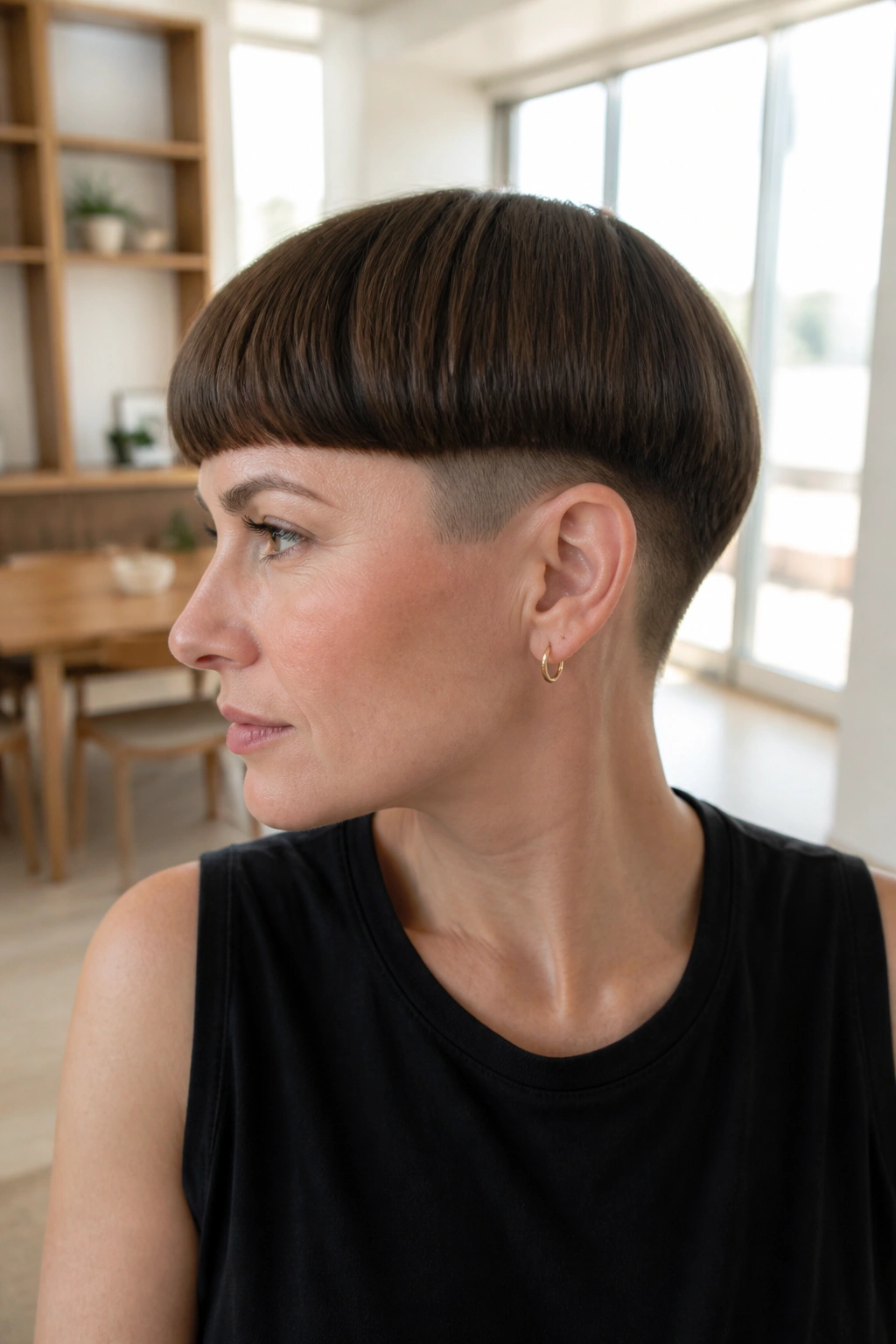 Real person with bowl cut and hidden undercut, head-and-shoulders.