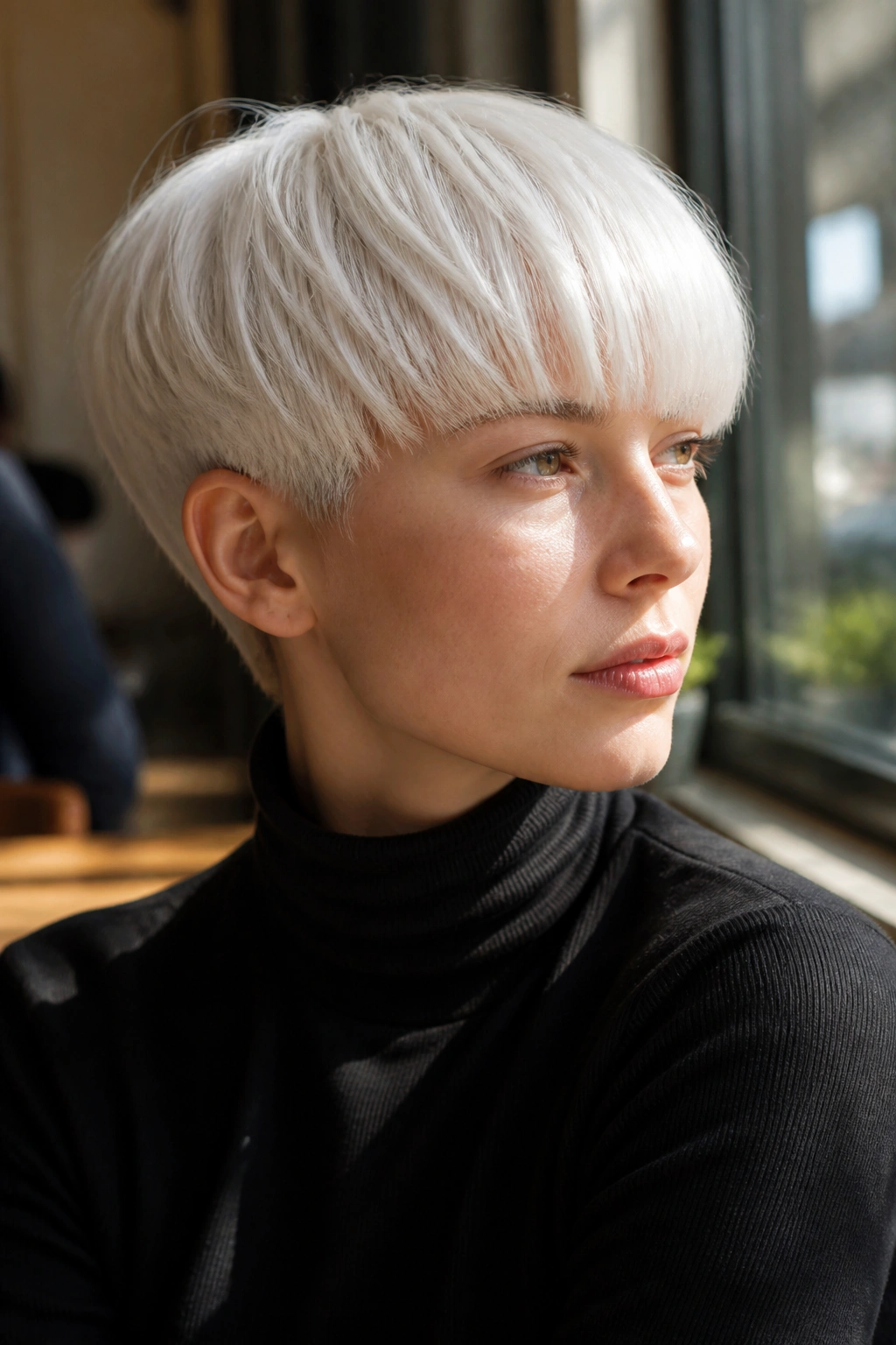 Close-up portrait of a real person with a white bowl cut and curved fringe in sunlit cafe light