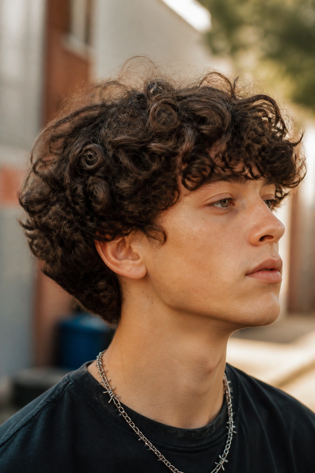 Close-up portrait of real person with bowl-inspired curly cut and soft edges outdoors