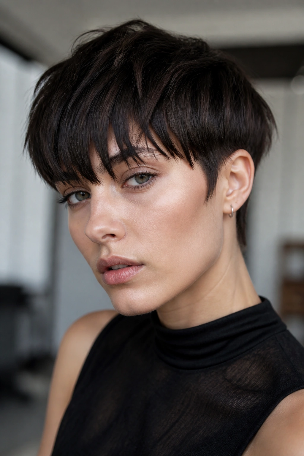 Portrait of a real woman with bowl-inspired long bang pixie and jagged fringe.
