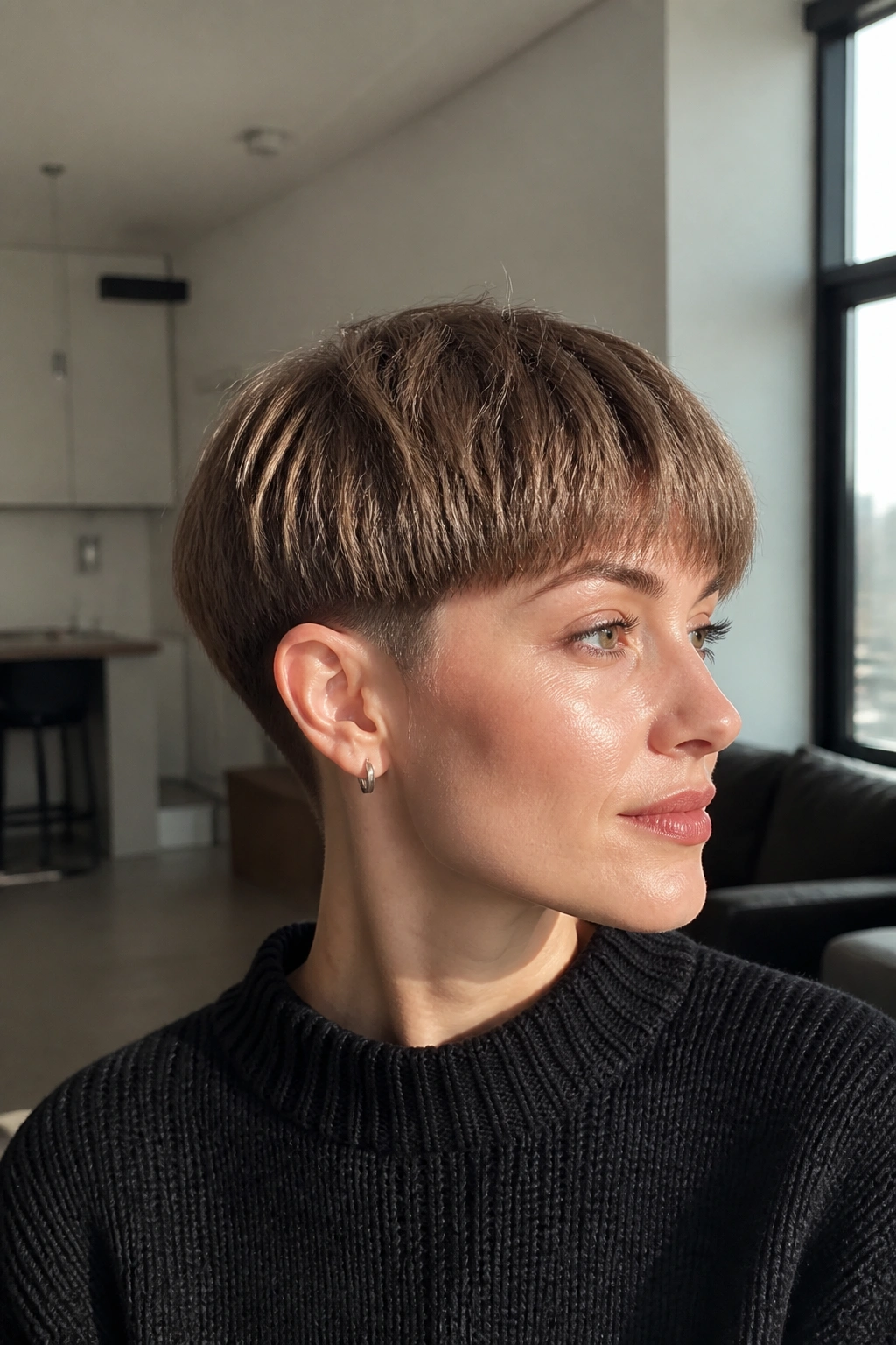 Close-up of a person with a bowl-cut inspired pixie and choppy edges in a sunny urban apartment