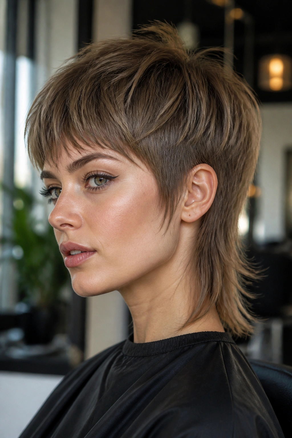 Close-up portrait of a real person with layered bowl-pixie mullet on straight hair.