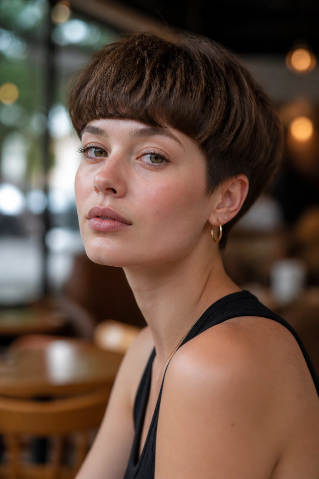 Close-up of a woman with bowl-inspired pixie in natural daylight at a cafe