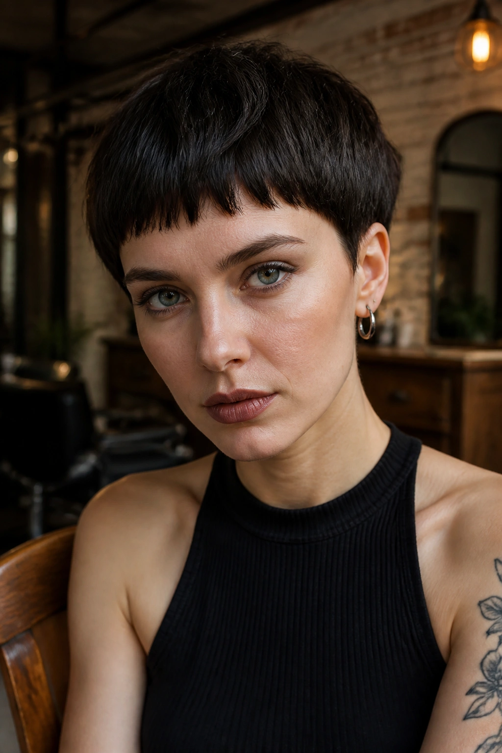 Real person with bowl pixie and razor fringe in a stylish salon