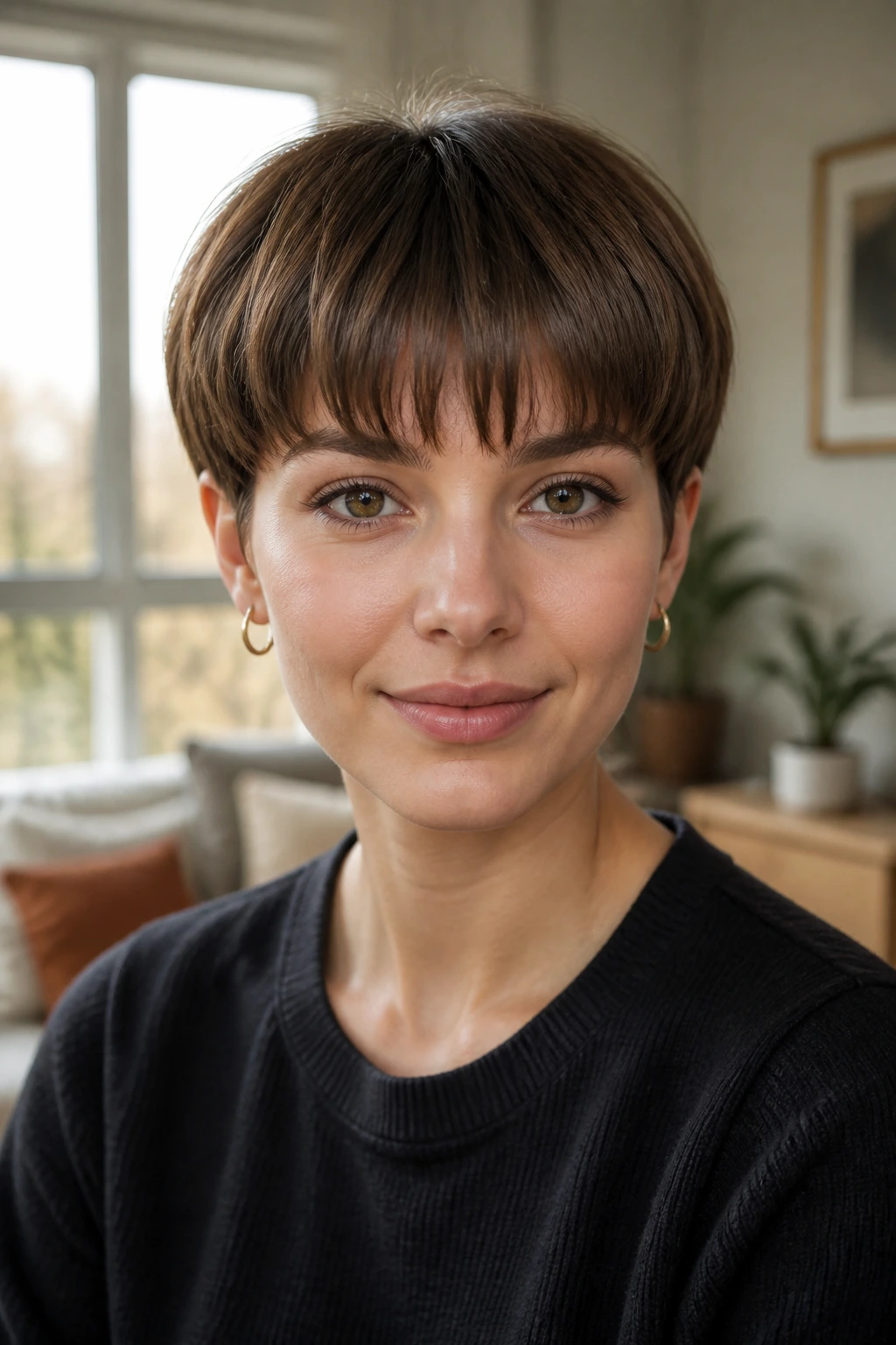 Close-up portrait of a person with bowl-inspired pixie and soft edges, straight hair.